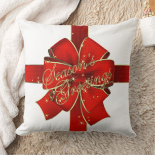 Sparkling Red Bow Season's Greetings Throw Pillow