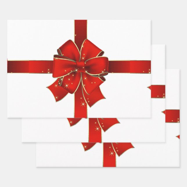 Sparkling Red Bow Seasons Greetings Wrapping Paper Sheet (Set)