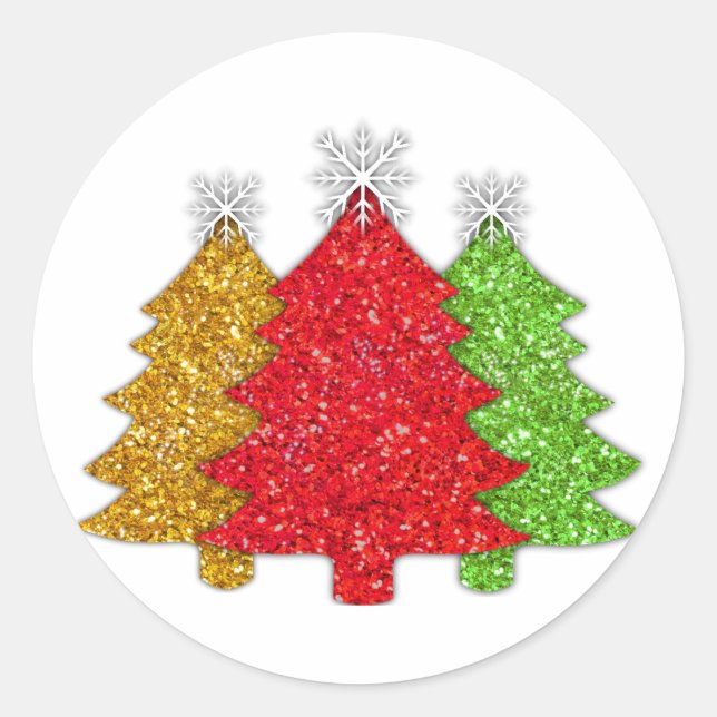 Sparkling red gold green Christmas tree snowflake Classic Round Sticker (Front)