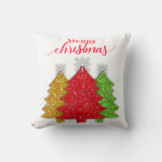 Sparkling red gold green Christmas tree snowflake Cushion