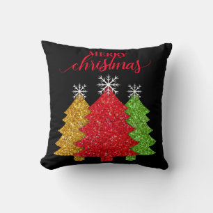 Sparkling red gold green Christmas tree snowflake Cushion