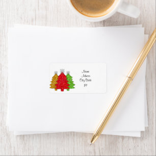 Sparkling red gold green Christmas tree snowflake Label