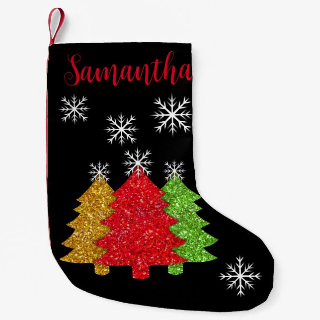 Sparkling red gold green Christmas tree snowflake Small Christmas Stocking (Front)