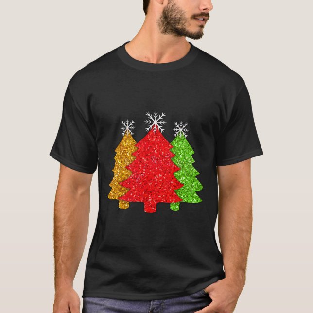 Sparkling Red Gold Green Christmas Tree Snowflake  T-Shirt (Front)