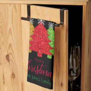 Sparkling red gold green Christmas tree snowflake Tea Towel