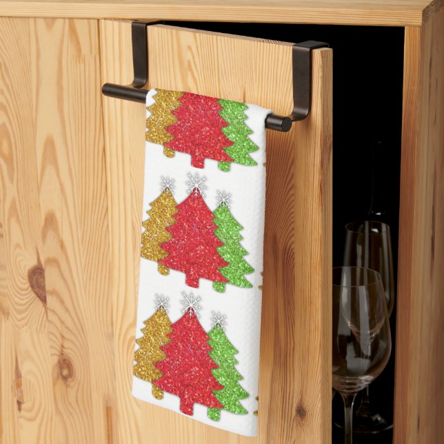 Sparkling red gold green Christmas tree snowflake Tea Towel (Thirds Fold)