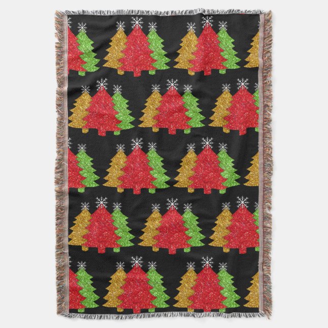 Sparkling red gold green Christmas tree snowflake Throw Blanket (Front Vertical)