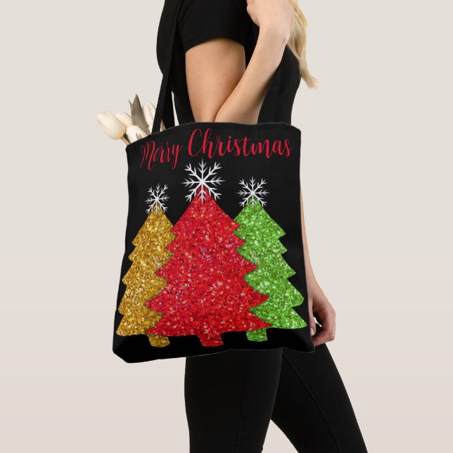 Sparkling red gold green Christmas tree snowflake Tote Bag (Close Up)