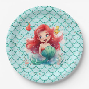 Sparkling Red-Haired Mermaid Under the Sea Paper Plate