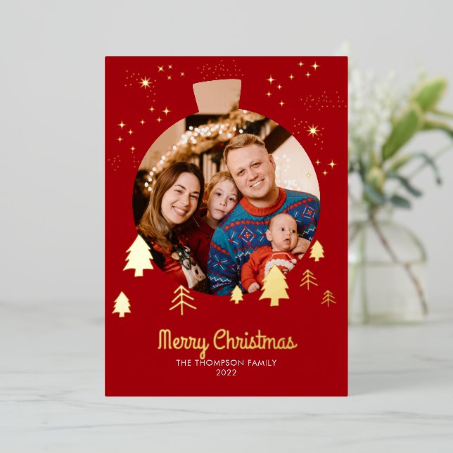 Sparkling Red Pine Tree Christmas Ball Photo Frame (Standing Front)