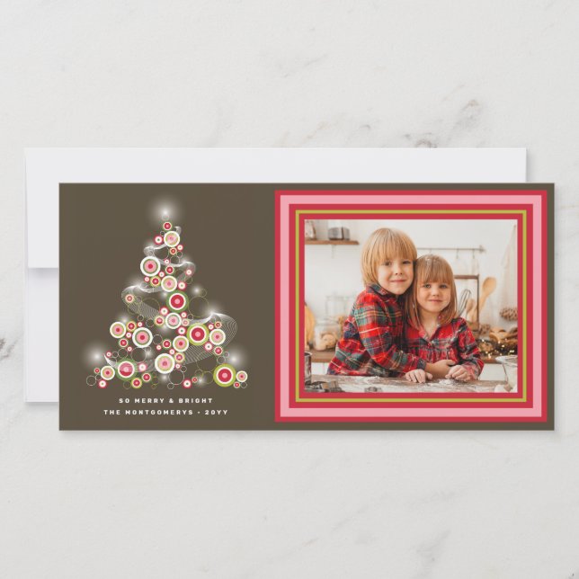 Sparkling Red Retro Circles Christmas Tree Photo Holiday Card (Front)