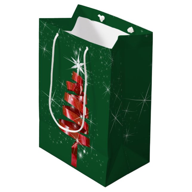 Sparkling Red Ribbon Christmas Tree Medium Gift Bag (Front Angled)
