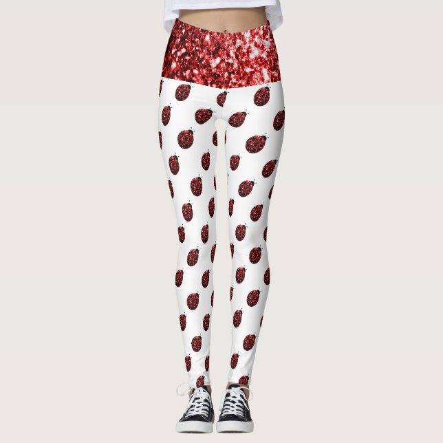 Sparkling red sparkles Ladybug pattern on white Leggings (Front)