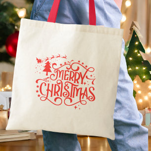 Sparkling Red Star Merry Christmas Tote Bag