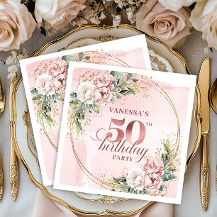 Sparkling Rose Gold Blush Flowers 50th Birthday  Napkin