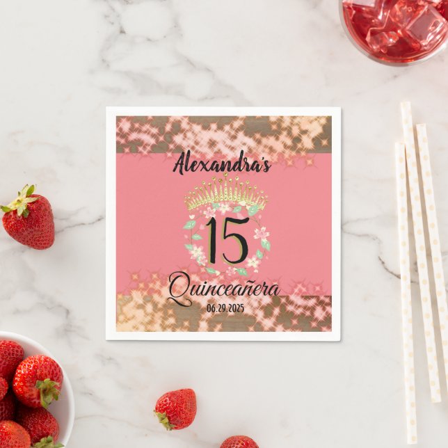 Sparkling Rose Gold Quinceañera Princess Spanish Napkin (Insitu)