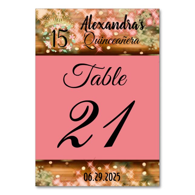 Sparkling Rose Gold Quinceañera Princess Spanish Table Number (Front)