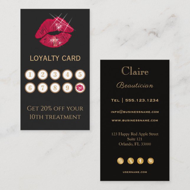 Sparkling Shiny Red Lips & Glitter Typography Loyalty Card (Front/Back)