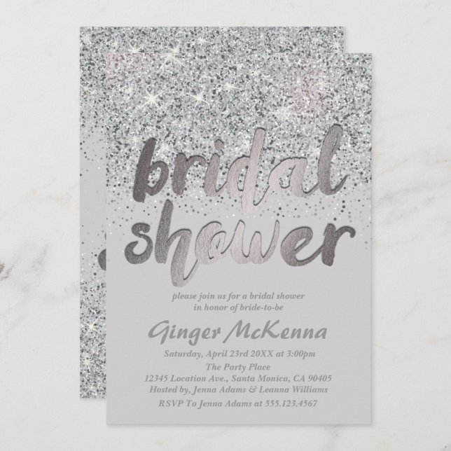 Sparkling Silver Glitter Bridal Shower Invitations (Front/Back)