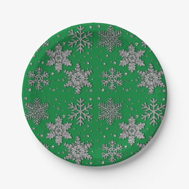Sparkling silver glitter snowflakes     paper plate (Front)