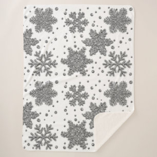 Sparkling silver glitter snowflakes   sherpa blanket