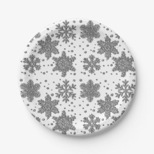 Sparkling silver tinsel snowflakes holiday pattern paper plate