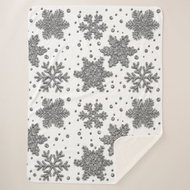 Sparkling silver tinsel snowflakes holiday pattern sherpa blanket (Front)