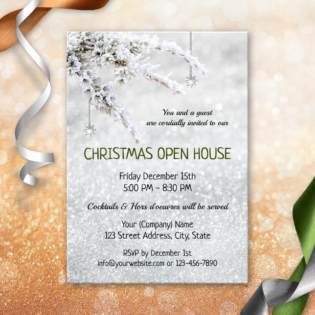 Sparkling Snow Christmas Company Open House Invite (Christmas open house invitation featuring a snow covered branch with silver star pending ornament)