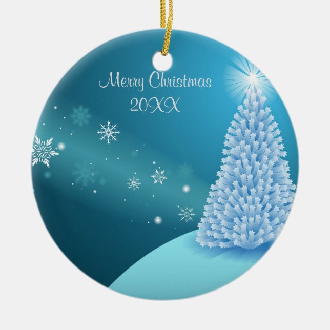 Sparkling snow landscape ceramic tree decoration (Front)