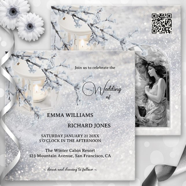 Sparkling Snow Lantern Winter Wedding Photo Invitation (Winter wedding invitation with a lantern in sparkling snow with a tree branch, QR code and photo)
