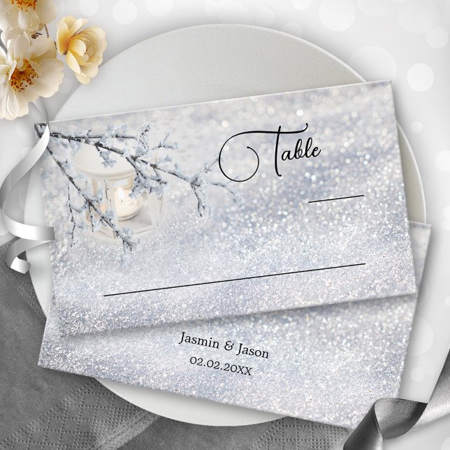Sparkling Snow Lantern Winter Wedding Place Card (Winter wedding place card featuring a lantern in a sparkling snow scene.)