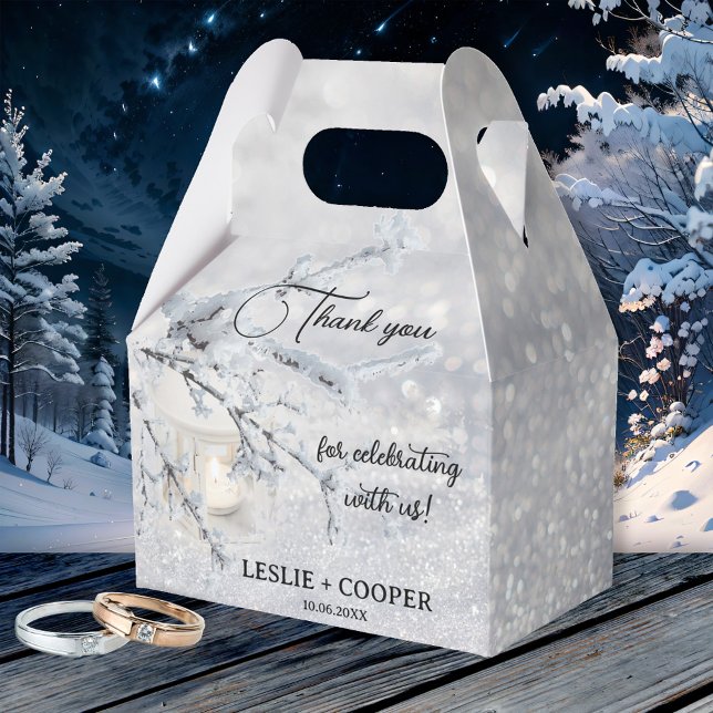 Sparkling Snow Lantern Winter Wedding Thank You Favour Box (Winter wedding favor box featuring a candle lit lantern in sparkling snow.)