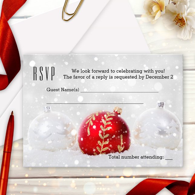 Sparkling Snow Silver Christmas Holiday RSVP Card (Christmas or Holiday party RSVP card featuring silver and red Christmas baubles and sparkling light )