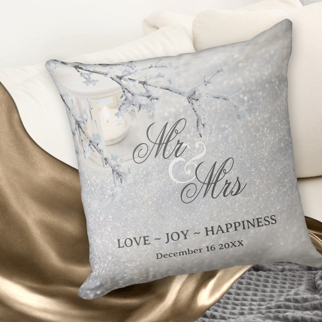 Sparkling Snow Winter Wedding or Anniversary Cushion (Winter wedding pillow featuring a candle lit lantern in sparkling snow.)