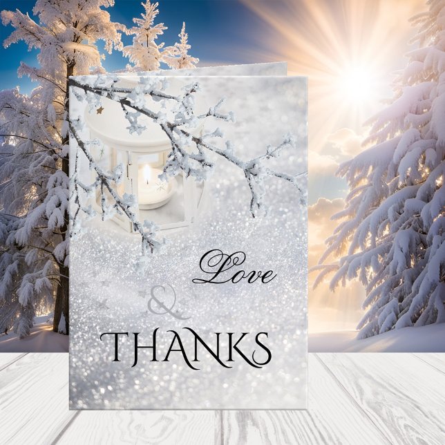 Sparkling Snow Winter Wedding Photo Thank You Card (winter wedding Thank You card featuring a candle lit lantern in a sparkling snow winter wonderland)