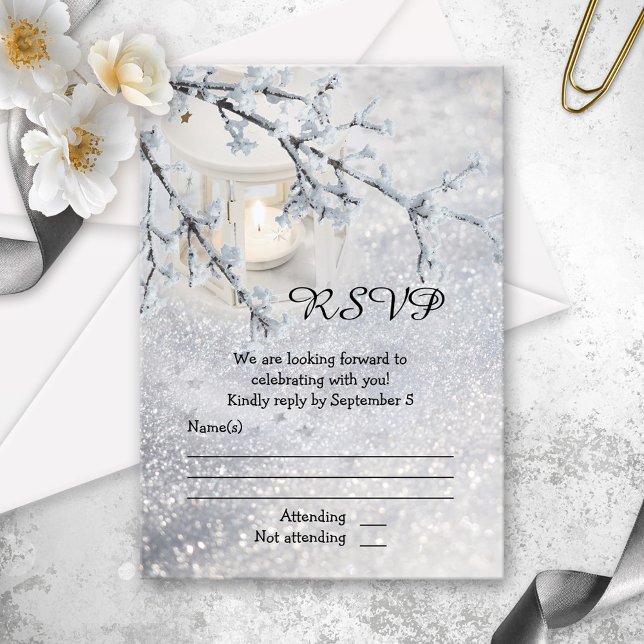 Sparkling Snow Winter Wedding RSVP Card (Winter wedding RSVP card featuring a candle lit lantern in sparkling white snow)