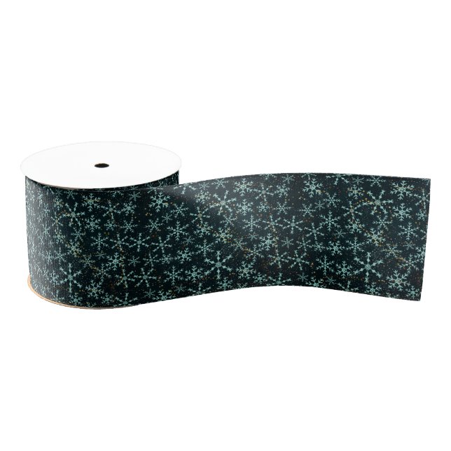 Sparkling Snowflakes White Blue in Black Night Sky Grosgrain Ribbon (Spool)