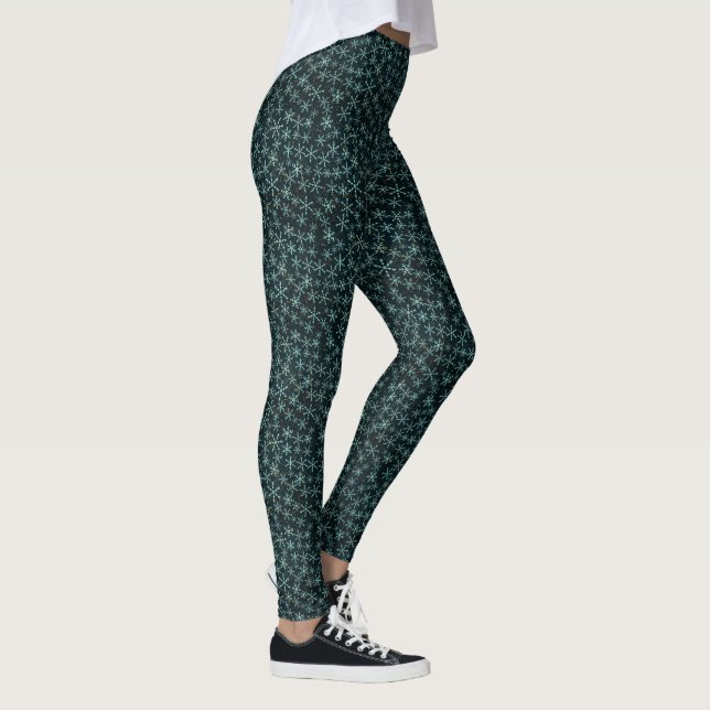 Sparkling Snowflakes White Blue in Black Night Sky Leggings (Right)