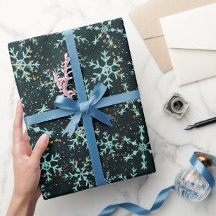 Sparkling Snowflakes White Blue in Black Night Sky Wrapping Paper