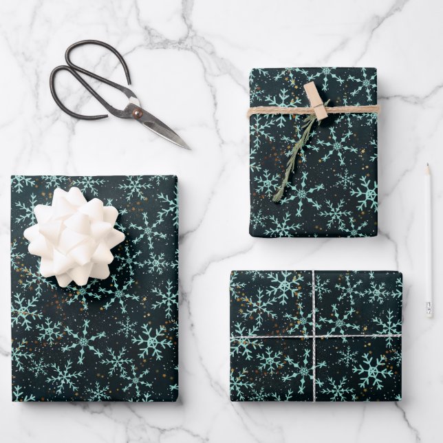 Sparkling Snowflakes White Blue in Black Night Sky Wrapping Paper Sheet (Front)