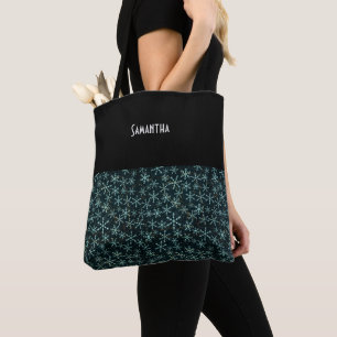 Sparkling Snowflakes White Blue in Black Sky Name Tote Bag