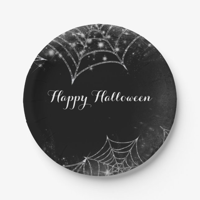 Sparkling Spiderwebs Halloween Party Paper Plate (Front)