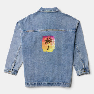 Sparkling Sunset Palm Tree Tropical Paradise Sil Denim Jacket