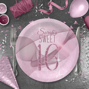 Sparkling Swirls Sweet Sixteen Orchid Pink ID652 Paper Plate
