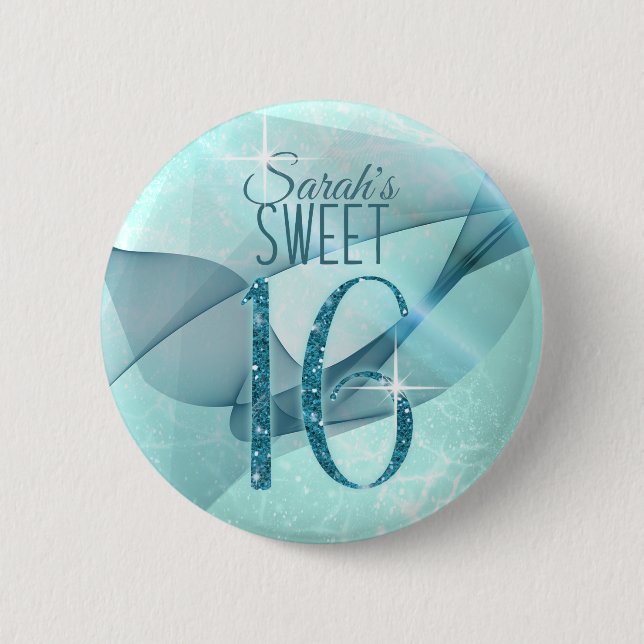 Sparkling Swirls Sweet Sixteen Teal ID652 6 Cm Round Badge (Front)