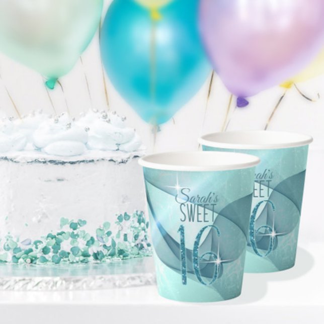 Sparkling Swirls Sweet Sixteen Teal ID652 Paper Cups (Creator Uploaded)