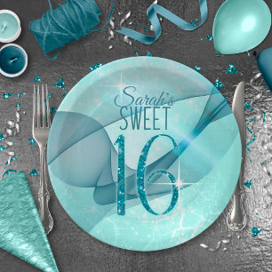 Sparkling Swirls Sweet Sixteen Teal ID652 Paper Plate