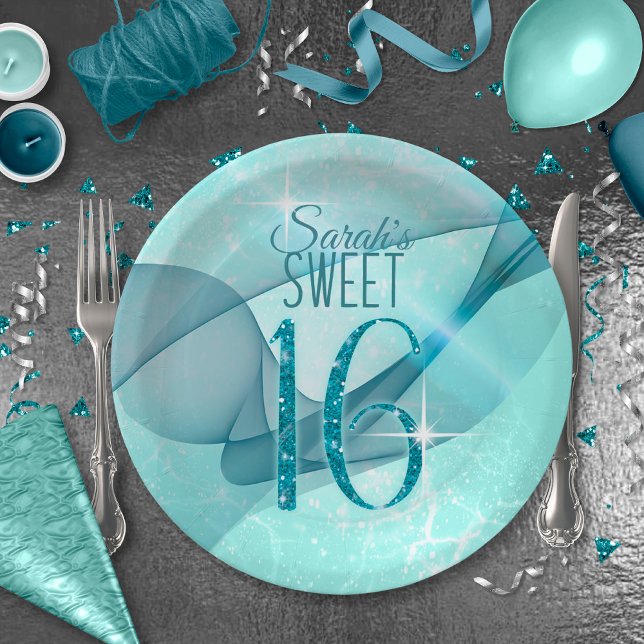Sparkling Swirls Sweet Sixteen Teal ID652 Paper Plate (Creator Uploaded)