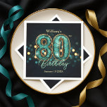 Sparkling Teal and Gold 80th Birthday  Napkin<br><div class="desc">Celebrate eight decades in shimmering style! These vibrant 80th birthday paper napkins feature a captivating design of bold "80" numbers, rendered in a rich teal with elegant gold outlines and a scattered sparkle effect. Against a sophisticated dark background, subtle bokeh lights add a festive glow. Easily personalise the name and...</div>