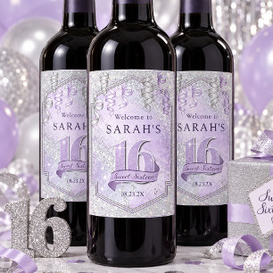 Sparkling Watercolor Sweet 16 Violet Silver ID1333 Wine Label